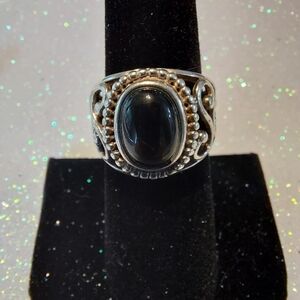 Sterling Silver Black Onyx Cabochon Filigree Ornate Ring, Vintage